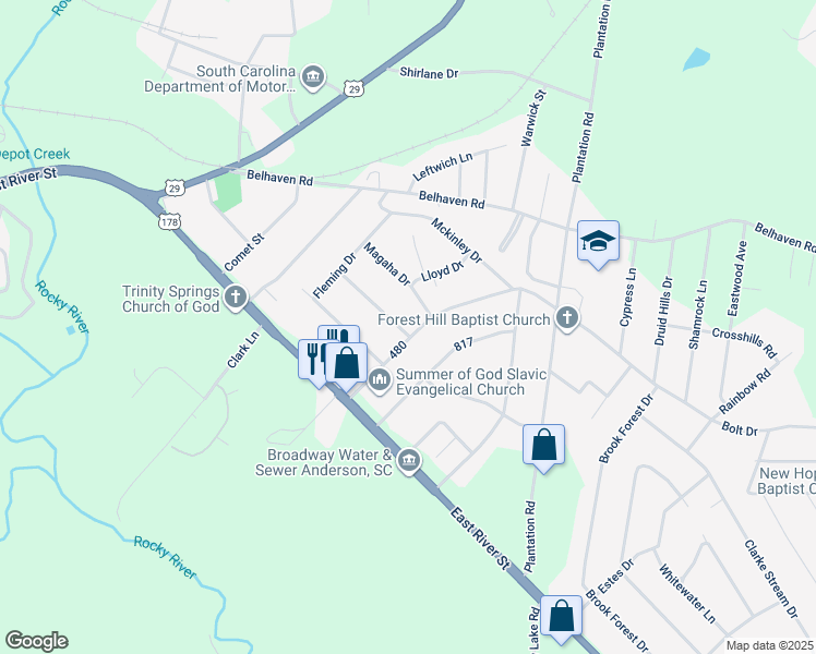 map of restaurants, bars, coffee shops, grocery stores, and more near 1101 Bolt Drive in Anderson