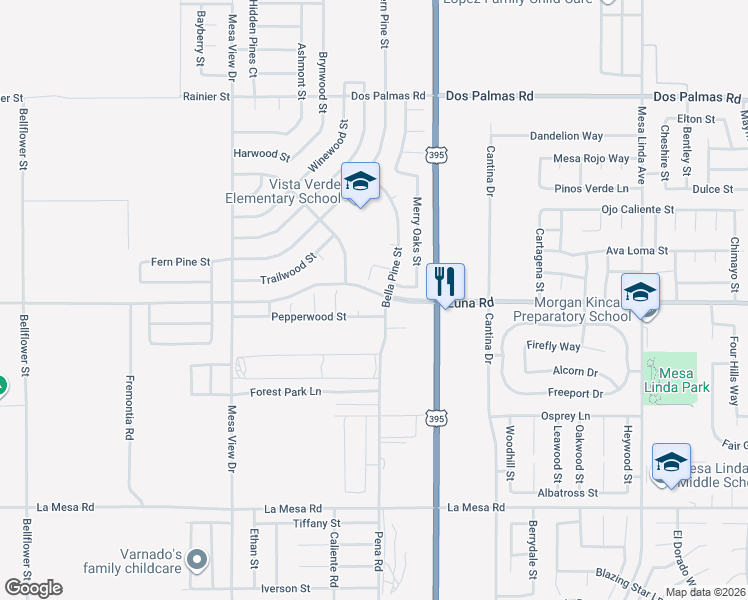 map of restaurants, bars, coffee shops, grocery stores, and more near 13322 Bella Pine Road in Victorville