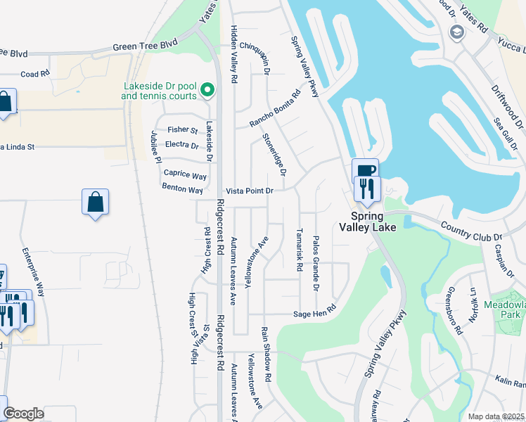 map of restaurants, bars, coffee shops, grocery stores, and more near 17815 Granada Drive in Victorville