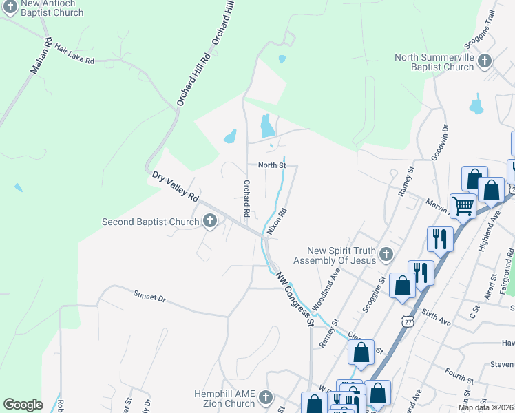 map of restaurants, bars, coffee shops, grocery stores, and more near 114 Orchard Road in Summerville