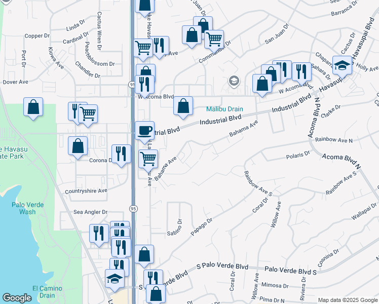 map of restaurants, bars, coffee shops, grocery stores, and more near 1794 Bahama Avenue in Lake Havasu City
