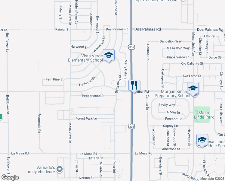 map of restaurants, bars, coffee shops, grocery stores, and more near 13322 Bella Pine Road in Victorville