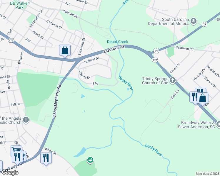 map of restaurants, bars, coffee shops, grocery stores, and more near 123 Brookmeade Drive in Anderson