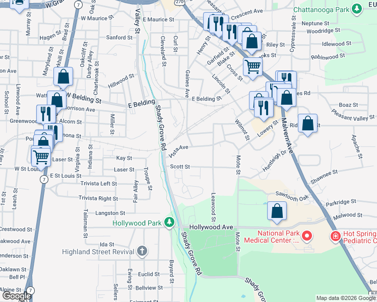 map of restaurants, bars, coffee shops, grocery stores, and more near 405 Vista Avenue in Hot Springs