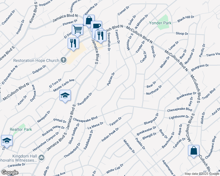 map of restaurants, bars, coffee shops, grocery stores, and more near 3582 Pelican Drive in Lake Havasu City