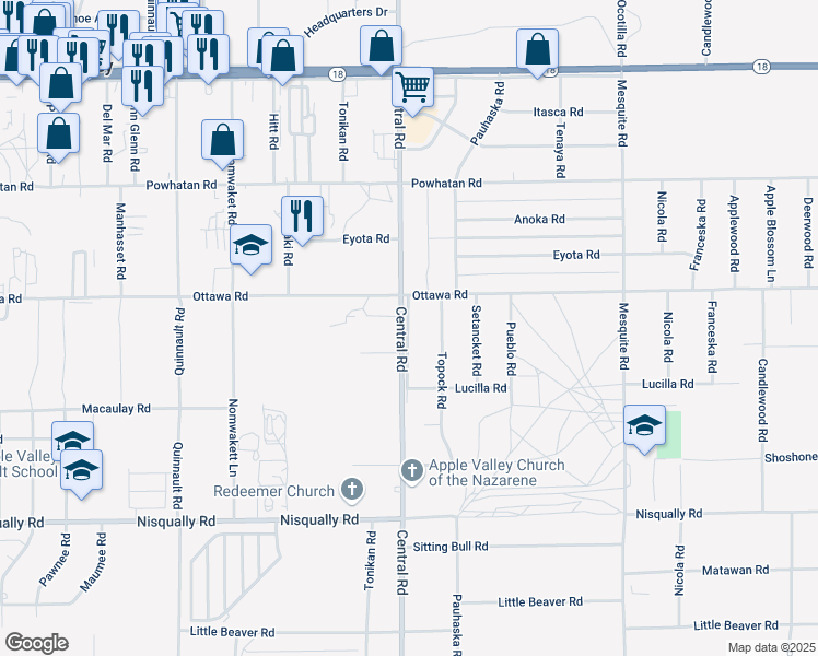 map of restaurants, bars, coffee shops, grocery stores, and more near 13239 Central Outerhighway East in Apple Valley