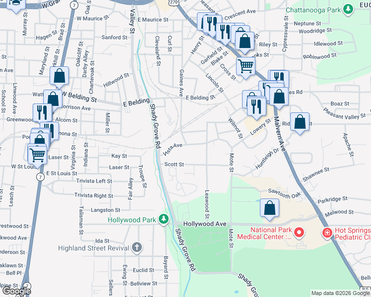 map of restaurants, bars, coffee shops, grocery stores, and more near 405 Vista Avenue in Hot Springs
