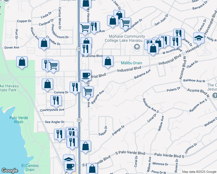 map of restaurants, bars, coffee shops, grocery stores, and more near 1788 Bahama Avenue in Lake Havasu City