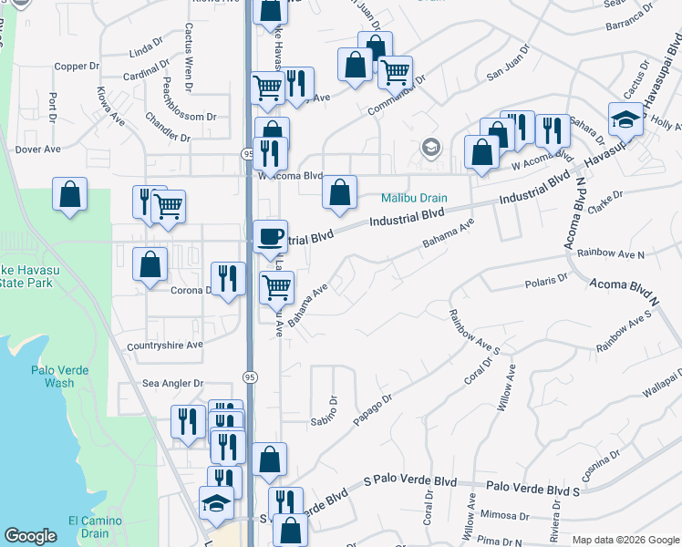 map of restaurants, bars, coffee shops, grocery stores, and more near 1788 Bahama Avenue in Lake Havasu City