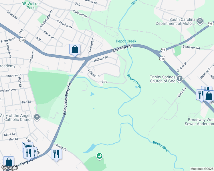 map of restaurants, bars, coffee shops, grocery stores, and more near 118 Brookmeade Drive in Anderson