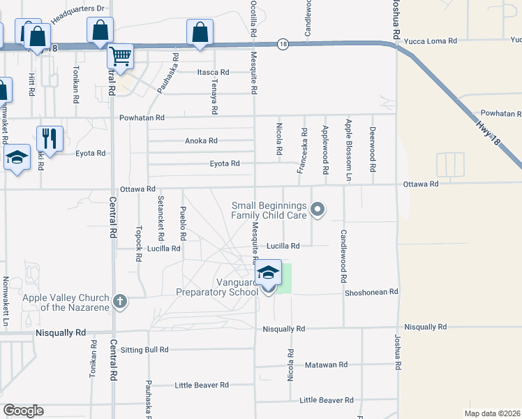 map of restaurants, bars, coffee shops, grocery stores, and more near 13237 Mesquite Road in Apple Valley