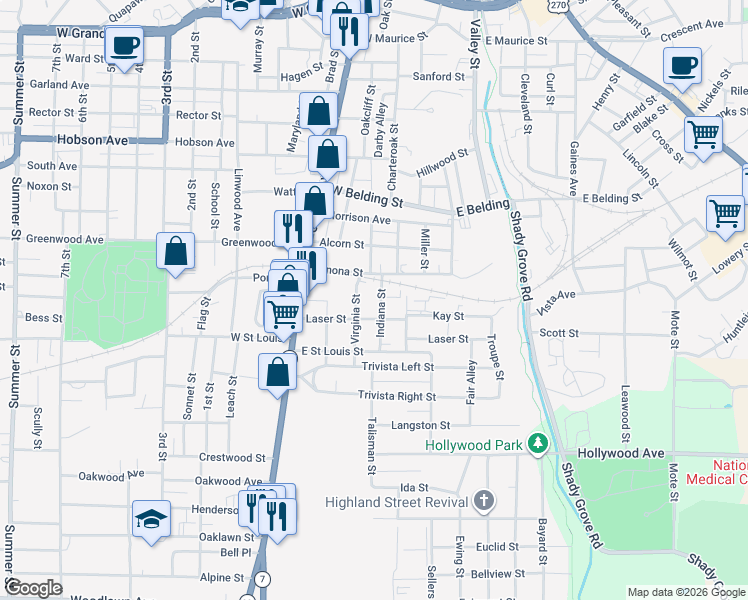 map of restaurants, bars, coffee shops, grocery stores, and more near 110 Indiana Street in Hot Springs