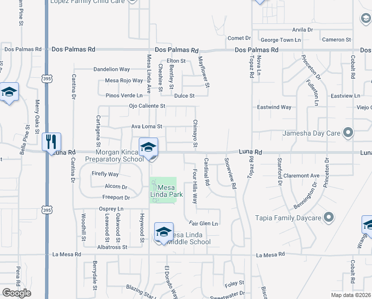 map of restaurants, bars, coffee shops, grocery stores, and more near 12664 Luna Road in Victorville