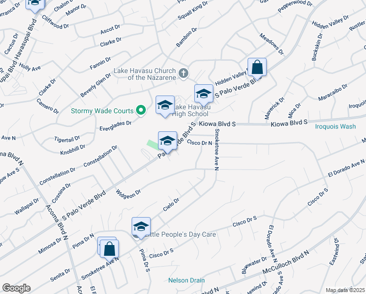 map of restaurants, bars, coffee shops, grocery stores, and more near 2640 Palo Verde Boulevard South in Lake Havasu City