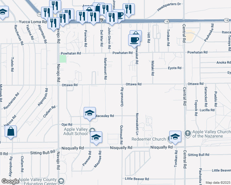 map of restaurants, bars, coffee shops, grocery stores, and more near 22043 Ottawa Road in Apple Valley