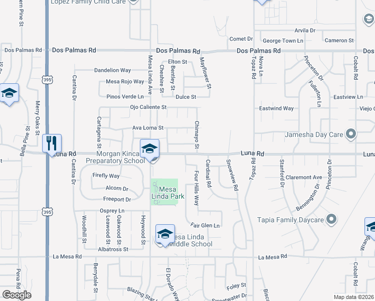map of restaurants, bars, coffee shops, grocery stores, and more near 12664 Luna Road in Victorville
