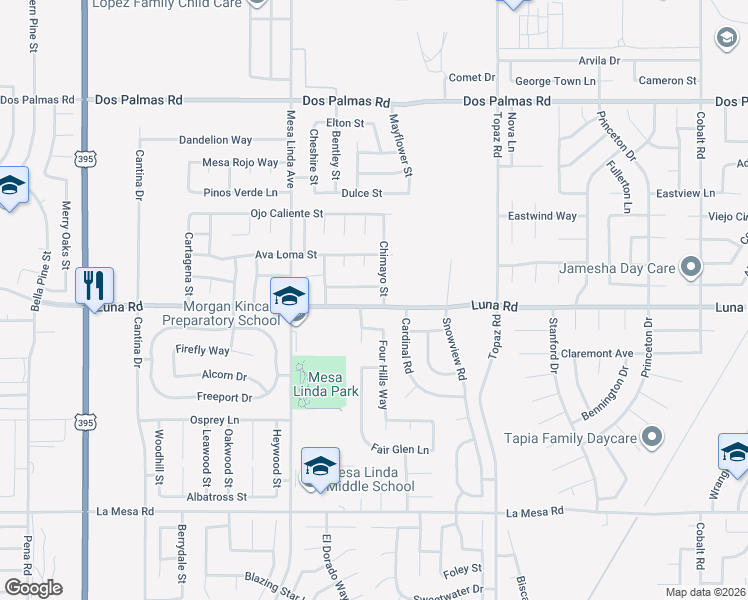 map of restaurants, bars, coffee shops, grocery stores, and more near 12664 Luna Road in Victorville