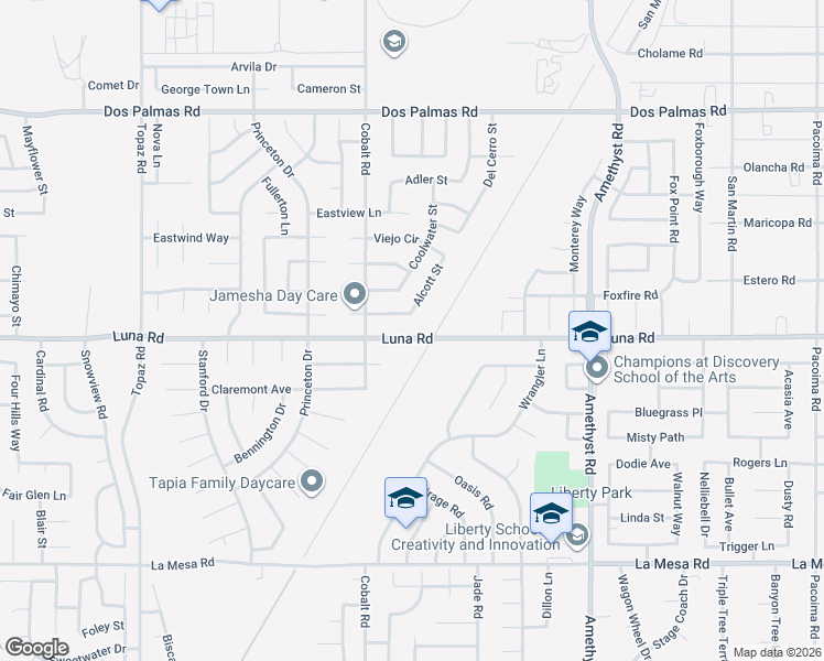 map of restaurants, bars, coffee shops, grocery stores, and more near 13344 Luna Road in Victorville