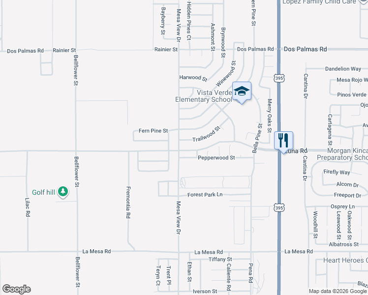 map of restaurants, bars, coffee shops, grocery stores, and more near 11720 Luna Road in Victorville