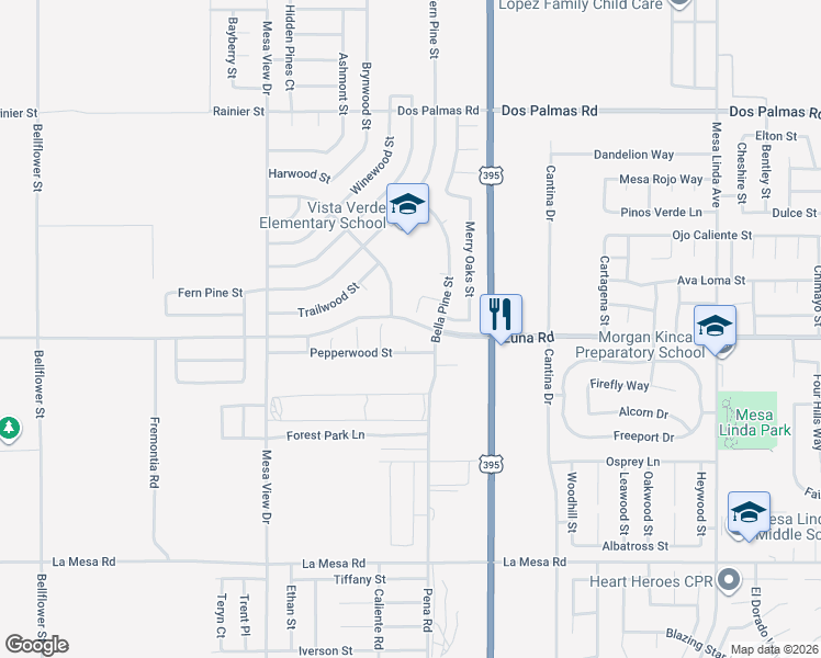 map of restaurants, bars, coffee shops, grocery stores, and more near 11961 Luna Road in Victorville