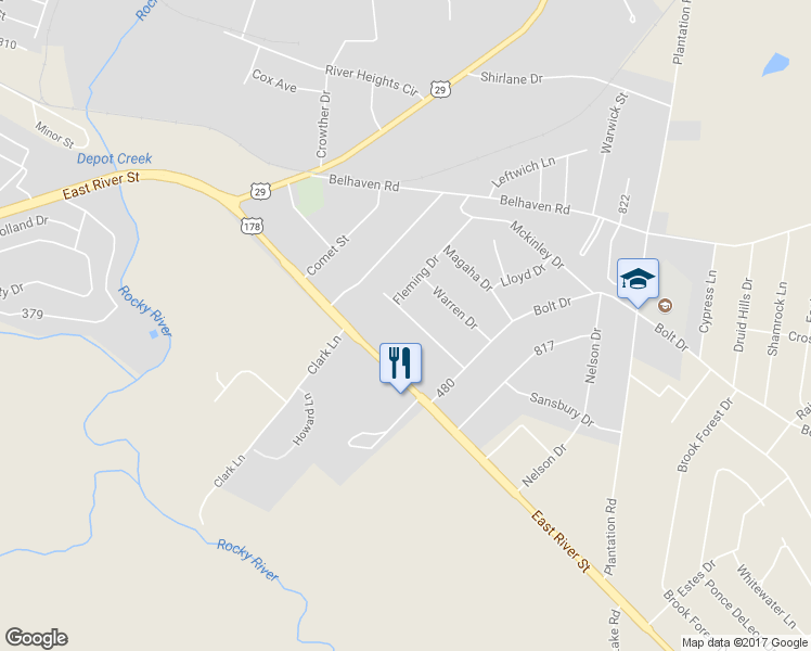 map of restaurants, bars, coffee shops, grocery stores, and more near 2504 Fleming Drive in Anderson