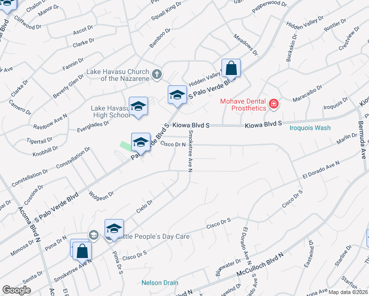 map of restaurants, bars, coffee shops, grocery stores, and more near 2690 Cisco Drive North in Lake Havasu City