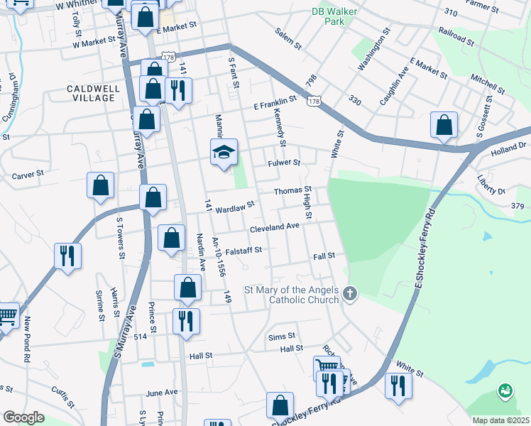 map of restaurants, bars, coffee shops, grocery stores, and more near 1409 South Fant Street in Anderson