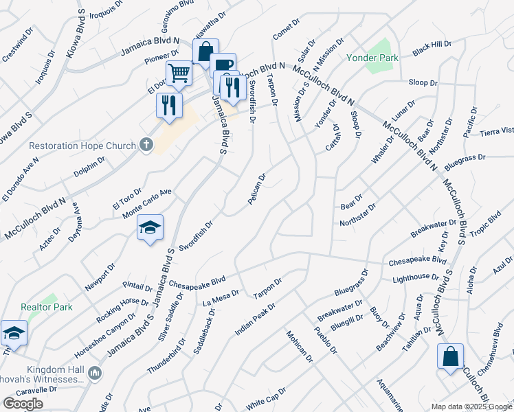 map of restaurants, bars, coffee shops, grocery stores, and more near 3582 Pelican Drive in Lake Havasu City