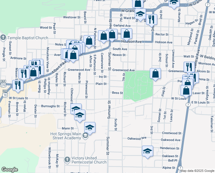 map of restaurants, bars, coffee shops, grocery stores, and more near 802 Summer Street in Hot Springs