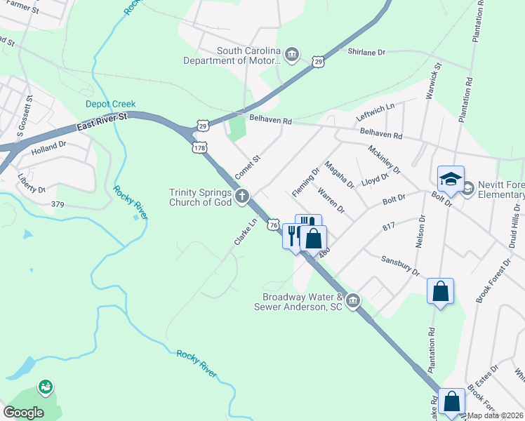 map of restaurants, bars, coffee shops, grocery stores, and more near 2206 East River Street in Anderson