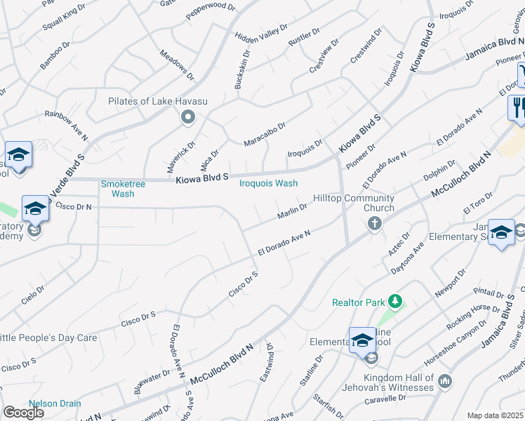 map of restaurants, bars, coffee shops, grocery stores, and more near 160 Sheanwater Lane in Lake Havasu City