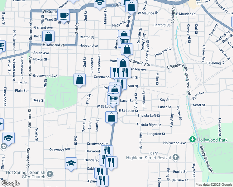 map of restaurants, bars, coffee shops, grocery stores, and more near 2008 Central Avenue in Hot Springs