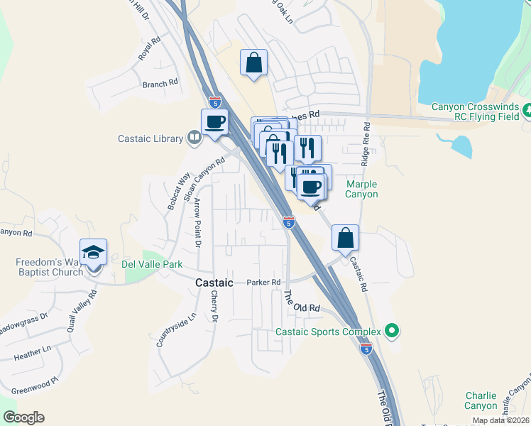 map of restaurants, bars, coffee shops, grocery stores, and more near 27708 Ferguson Drive in Castaic