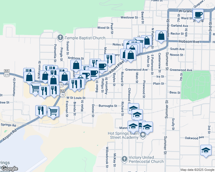 map of restaurants, bars, coffee shops, grocery stores, and more near 305 Augustus Street in Hot Springs