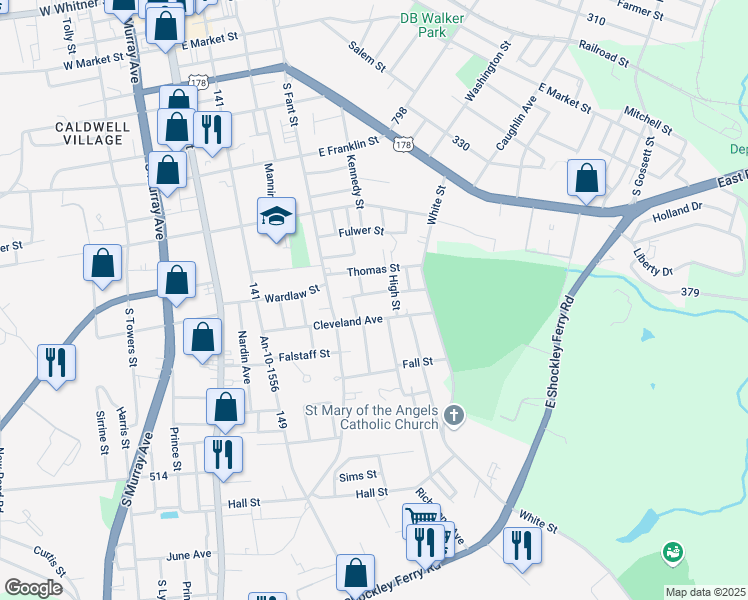 map of restaurants, bars, coffee shops, grocery stores, and more near 506 Plain Street in Anderson