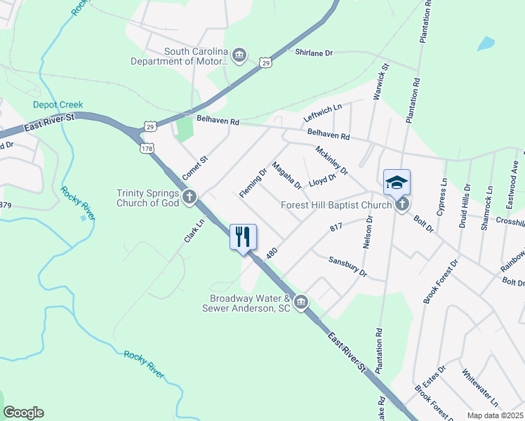 map of restaurants, bars, coffee shops, grocery stores, and more near 2504 Fleming Drive in Anderson