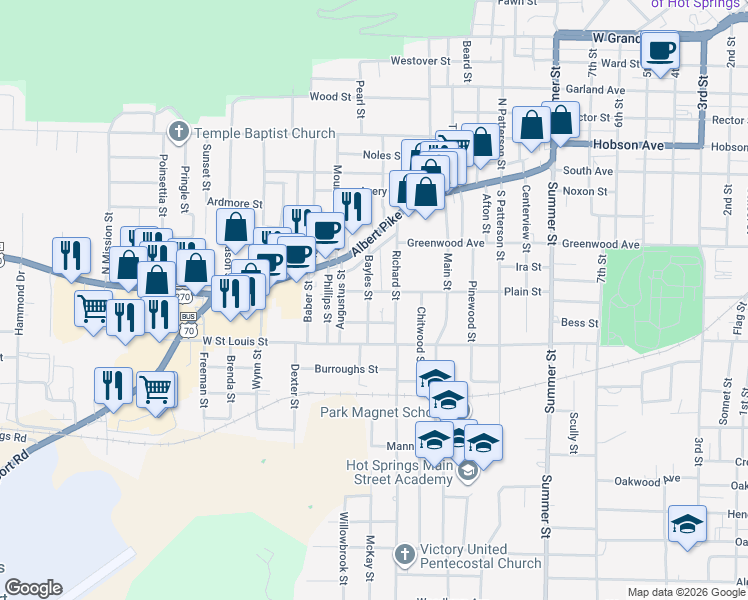 map of restaurants, bars, coffee shops, grocery stores, and more near 303 Bayles Street in Hot Springs