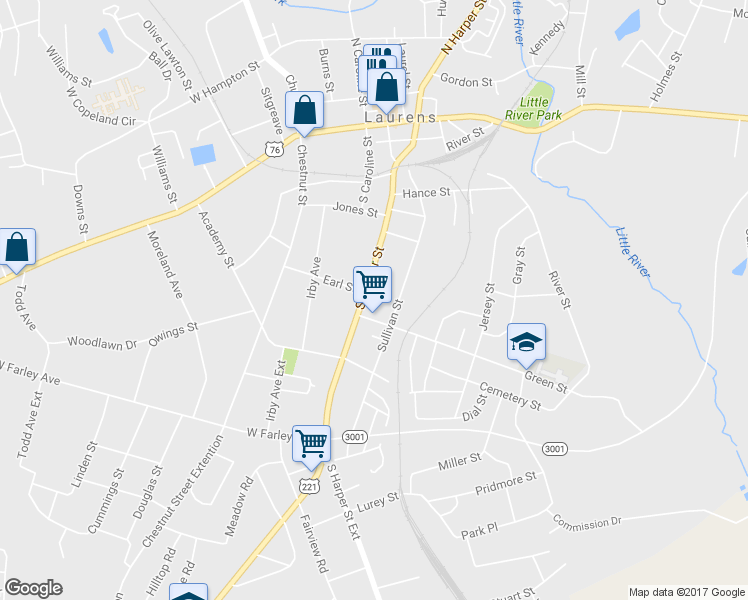 map of restaurants, bars, coffee shops, grocery stores, and more near 703 S Harper St in Laurens