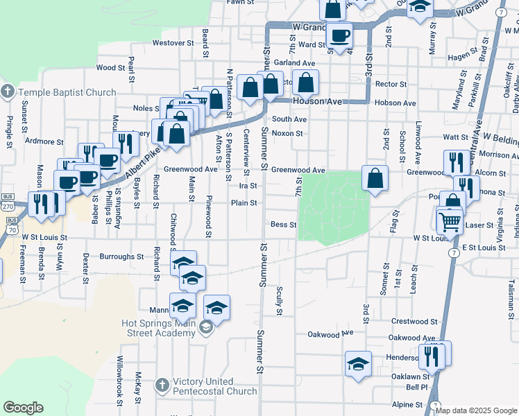 map of restaurants, bars, coffee shops, grocery stores, and more near 802 Summer Street in Hot Springs