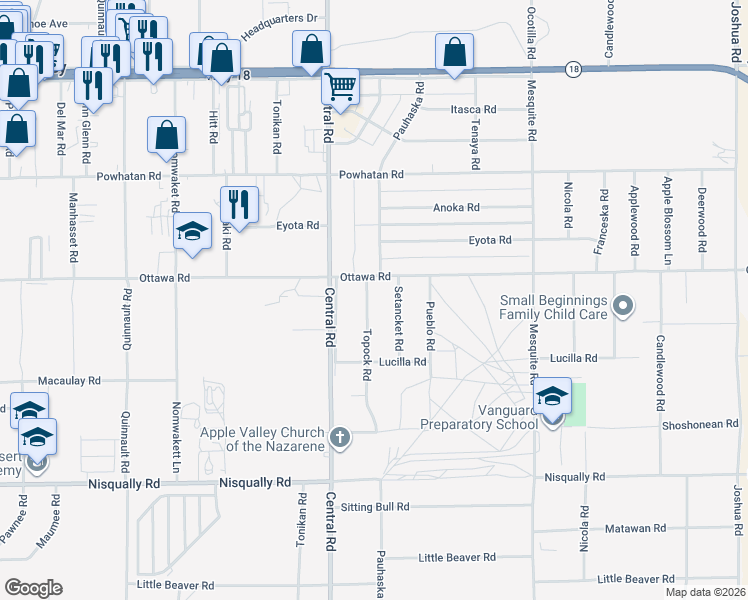 map of restaurants, bars, coffee shops, grocery stores, and more near 13255 Topock Road in Apple Valley