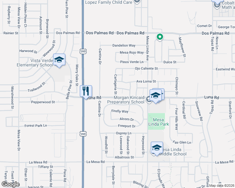 map of restaurants, bars, coffee shops, grocery stores, and more near 13312 Falena Court in Victorville