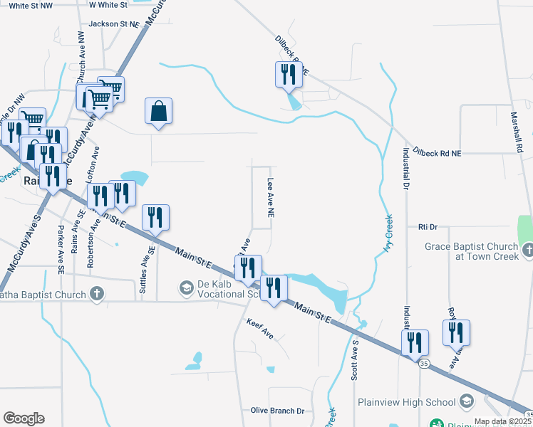 map of restaurants, bars, coffee shops, grocery stores, and more near 147 Lee Avenue Northeast in Rainsville