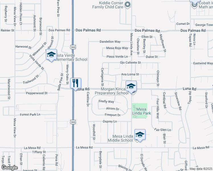 map of restaurants, bars, coffee shops, grocery stores, and more near 13312 Falena Court in Victorville