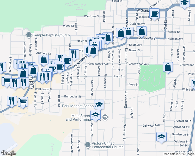 map of restaurants, bars, coffee shops, grocery stores, and more near 304 Main Street in Hot Springs