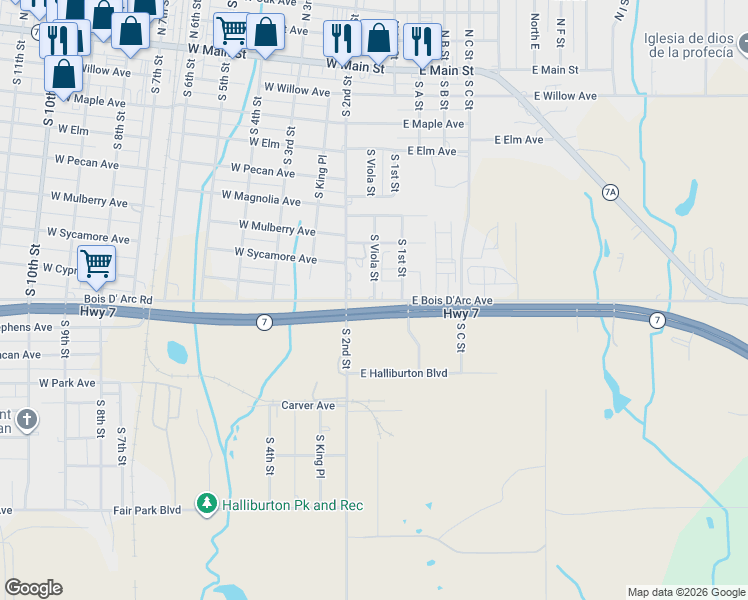 map of restaurants, bars, coffee shops, grocery stores, and more near 150 West Bois D'Arc Avenue in Duncan
