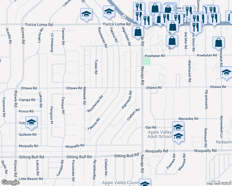 map of restaurants, bars, coffee shops, grocery stores, and more near 13270 Yakima Road in Apple Valley