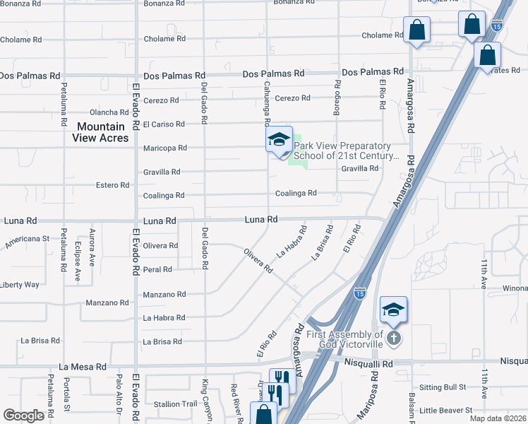 map of restaurants, bars, coffee shops, grocery stores, and more near 13320 Cahuenga Road in Victorville