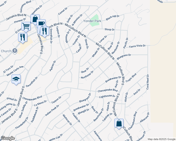 map of restaurants, bars, coffee shops, grocery stores, and more near 3775 Bear Drive in Lake Havasu City