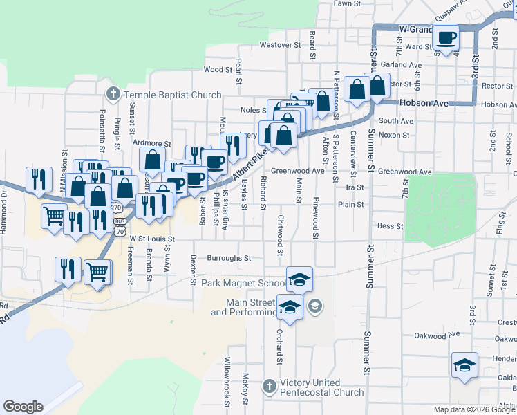 map of restaurants, bars, coffee shops, grocery stores, and more near 303 Bayles Street in Hot Springs
