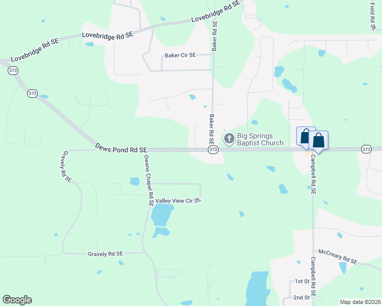 map of restaurants, bars, coffee shops, grocery stores, and more near 3225 Dews Pond Road Southeast in Calhoun